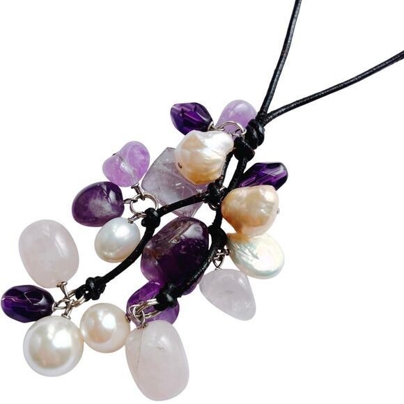 VTG Pendant Necklace 17" Gemstone Amethyst Rose Quartz Freshwater Pearl Cluster - Picture 1 of 14